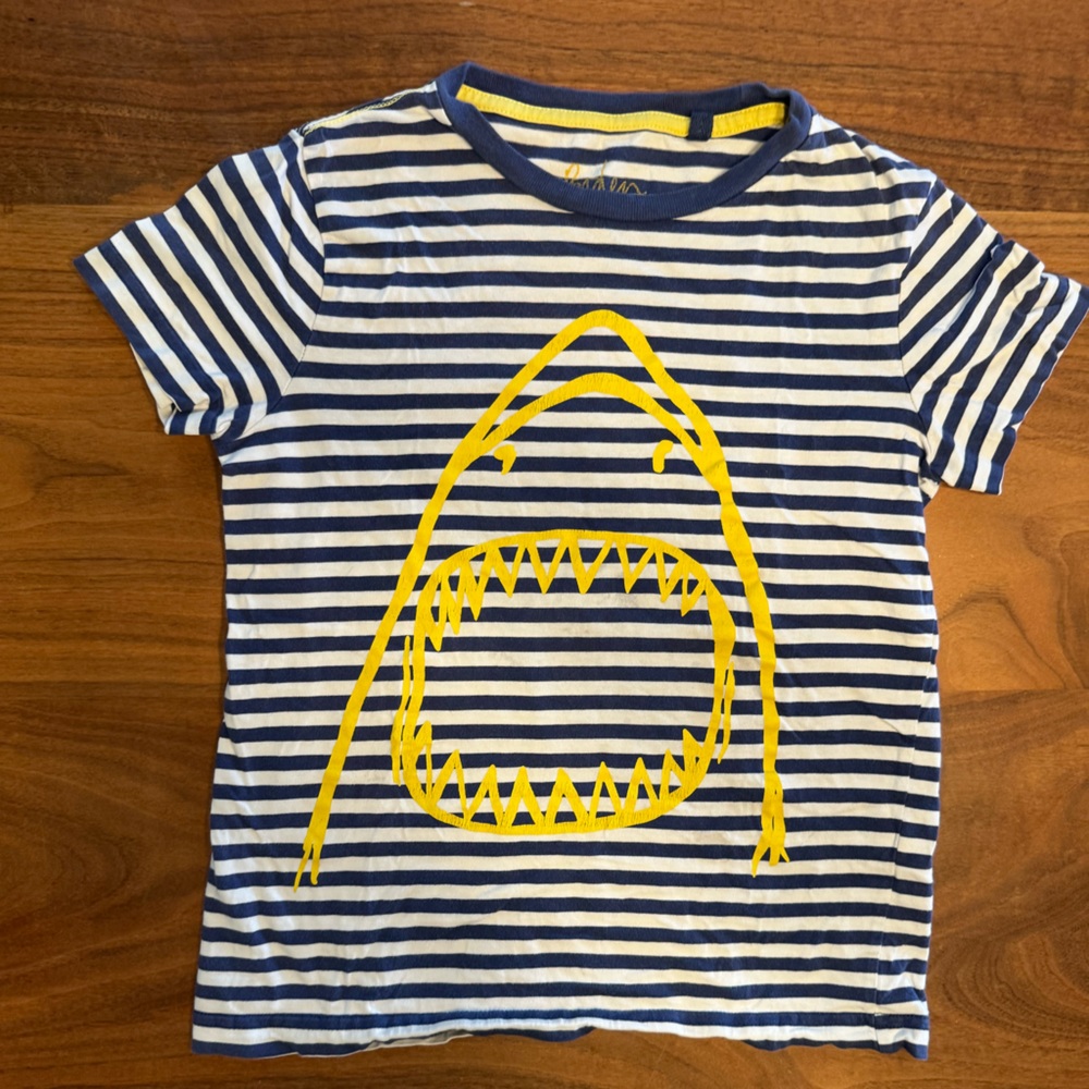 Mini Boden Shark T Shirt Size 7-8 Blue Stripe Graphic Tee Kids